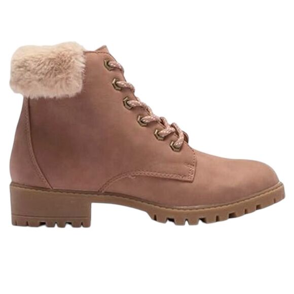 Madden Girl Women's Blush Ankle Lug Workboot Booties Faux Fur Trim Lace-Up Zip - Picture 4 of 16
